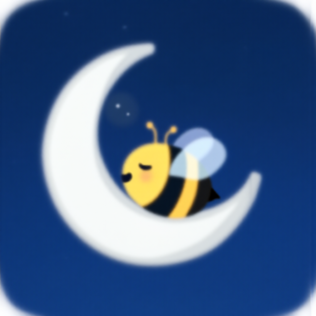 A cute bee sleeping on a crescent moon in a dark blue night sky.